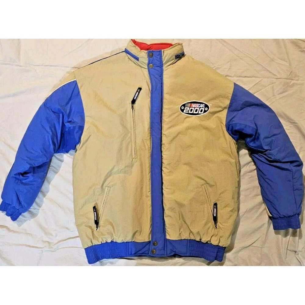 Vintage Chase Authentics NASCAR 2000 Size M Puffer Jacket Winter Coat Tan Blue